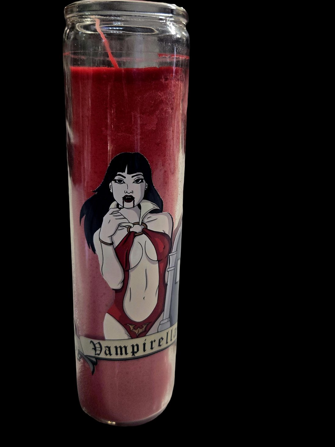 Vampirella — a prayer candle from Shattering Expectations (Chris Stone Art).