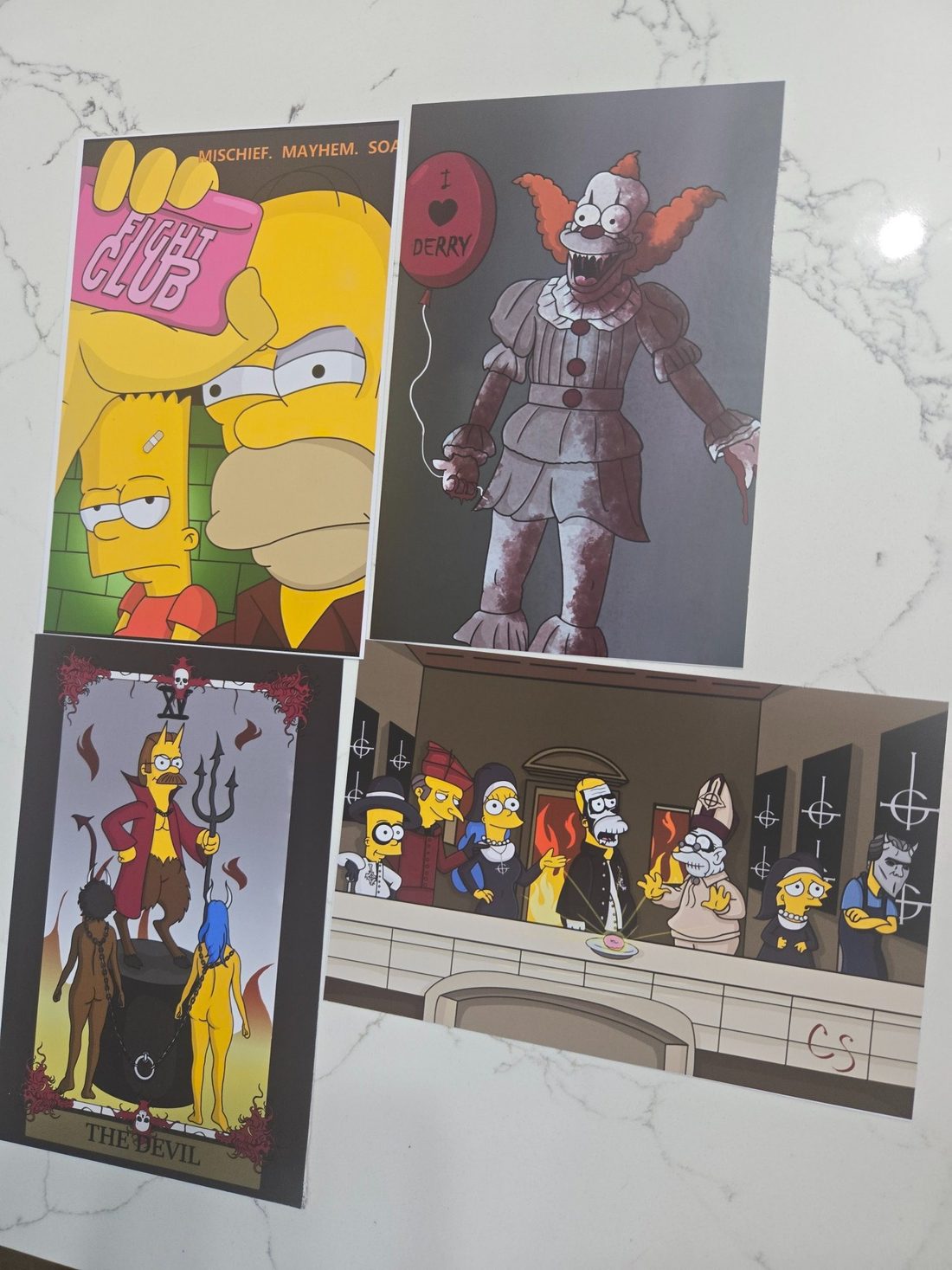 Simpsons Parody Postcards, pack of 4: Homer and Bart in a Fight Club poster, Krusty as a blood-soaked Pennywise, Ned Flanders as the Devil tarot card, and a Last Supper with a Ghost-style cast. Printed on glossy cardstock.