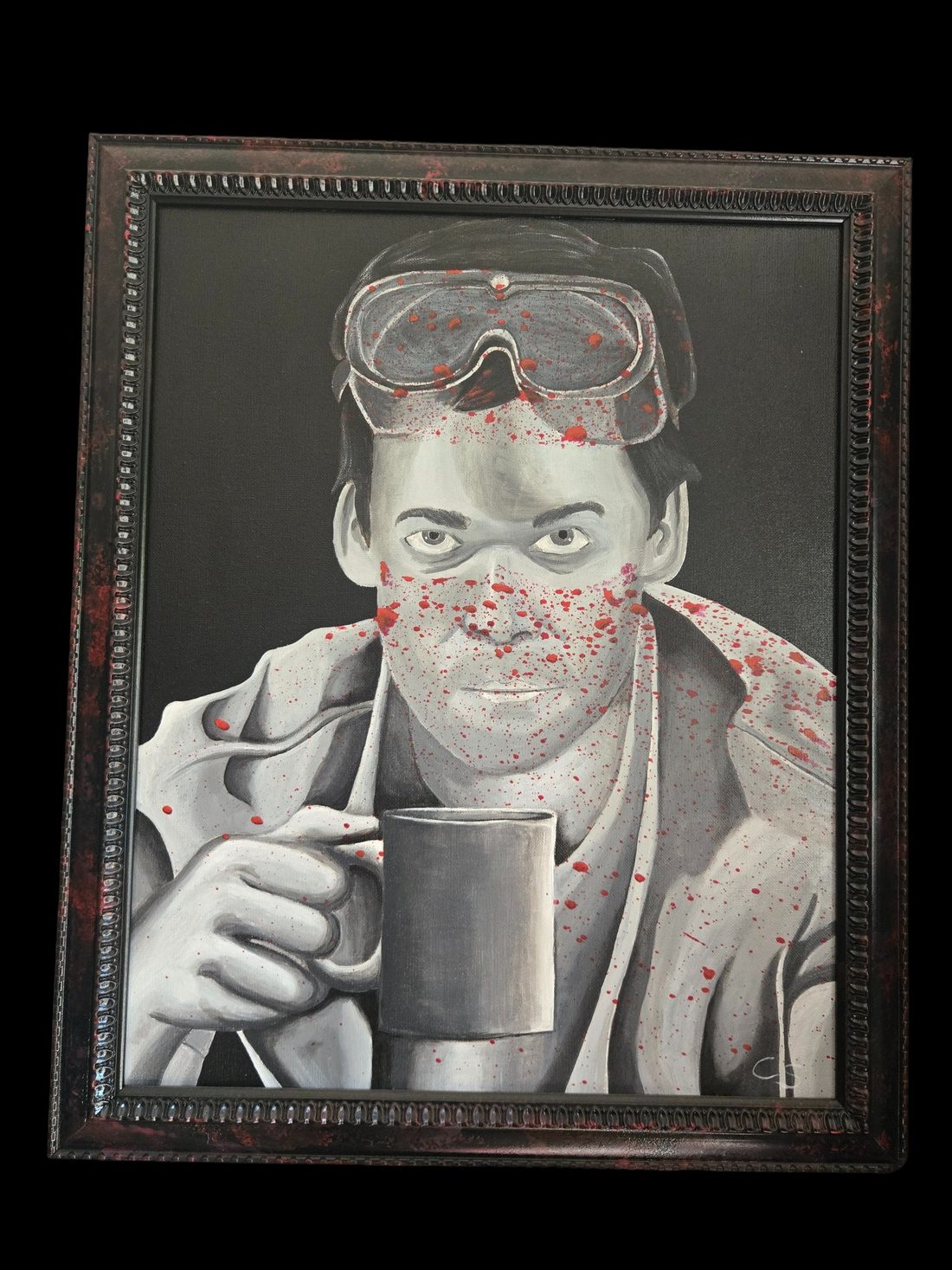 Dexter Acrylic Painting: a grayscale portrait of a man in a lab coat and pushed-up goggles, gripping a coffee mug while vivid red blood splatter covers his face. Framed in a distressed dark wood frame with red-streaked finish.