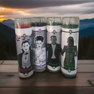 A set of 4 Universal Monsters prayer candles - Bride of Frankenstein, Dracula, Frankenstein, and The Creature From the Black Lagoon. Made on demand.