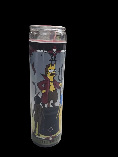 Devil Ned Flanders — a prayer candle from Shattering Expectations (Chris Stone Art).
