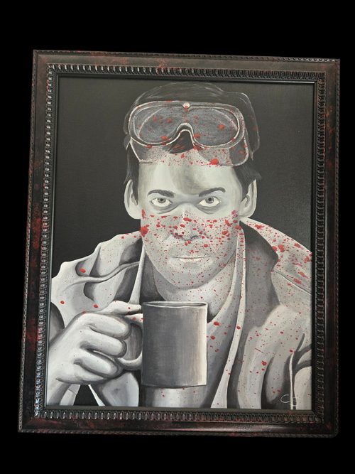 Dexter Acrylic Painting: a grayscale portrait of a man in a lab coat and pushed-up goggles, gripping a coffee mug while vivid red blood splatter covers his face. Framed in a distressed dark wood frame with red-streaked finish.